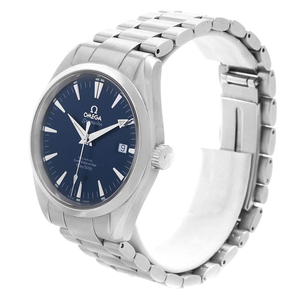 The Omega Aqua Terra 2503.80.00 Men's Stainless Steel Blue Dial 2503.80.00 Men's Stainless Steel Blue Dial watch is shown at an angle, highlighting its blue dial, steel bracelet, crown, and date display.