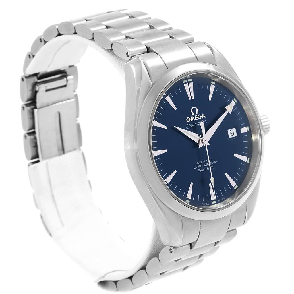 This image shows the Omega Aqua Terra 2503.80.00 Men's Stainless Steel Blue Dial 2503.80.00 Men's Stainless Steel Blue Dial model watch from a left-front angle, displaying the face, bezel, and bracelet.