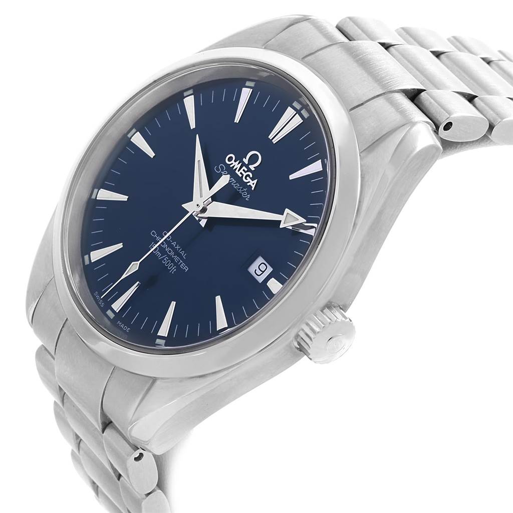 The image shows the Omega Aqua Terra 2503.80.00 Men's Stainless Steel Blue Dial 2503.80.00 Men's Stainless Steel Blue Dial watch at a three-quarter angle, displaying the dial, crown, and part of the bracelet.