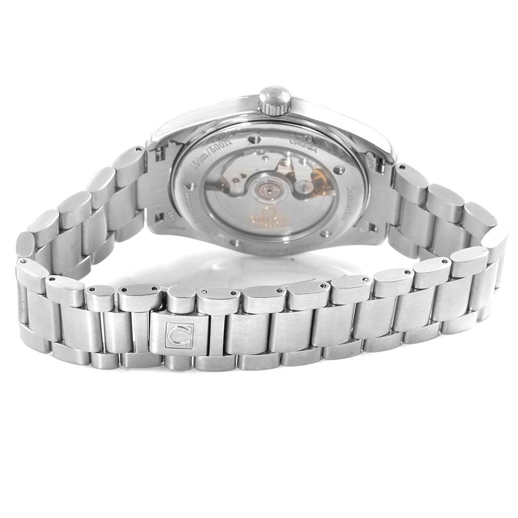 The image shows the back and the bracelet of the Omega Aqua Terra 2503.80.00 Men's Stainless Steel Blue Dial 2503.80.00 Men's Stainless Steel Blue Dial model watch.