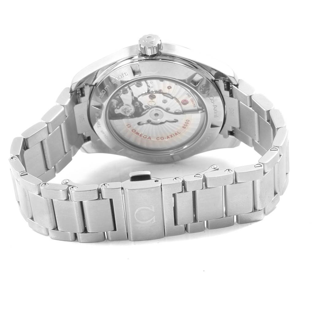 The image shows the back and bracelet of the Omega Aqua Terra 231.10.39.21.06.001 Men's Stainless Steel Grey Dial 231.10.39.21.06.001 Men's Stainless Steel Grey Dial watch, highlighting the transparent case back and clasp.