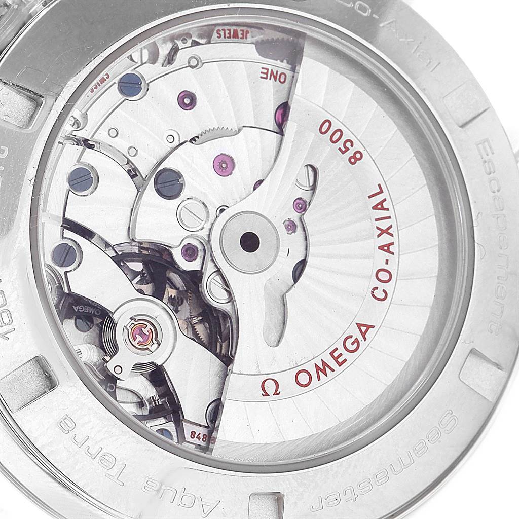 The image shows the back view of the Omega Aqua Terra 231.10.39.21.06.001 Men's Stainless Steel Grey Dial 231.10.39.21.06.001 Men's Stainless Steel Grey Dial watch, highlighting its Co-Axial movement mechanism.
