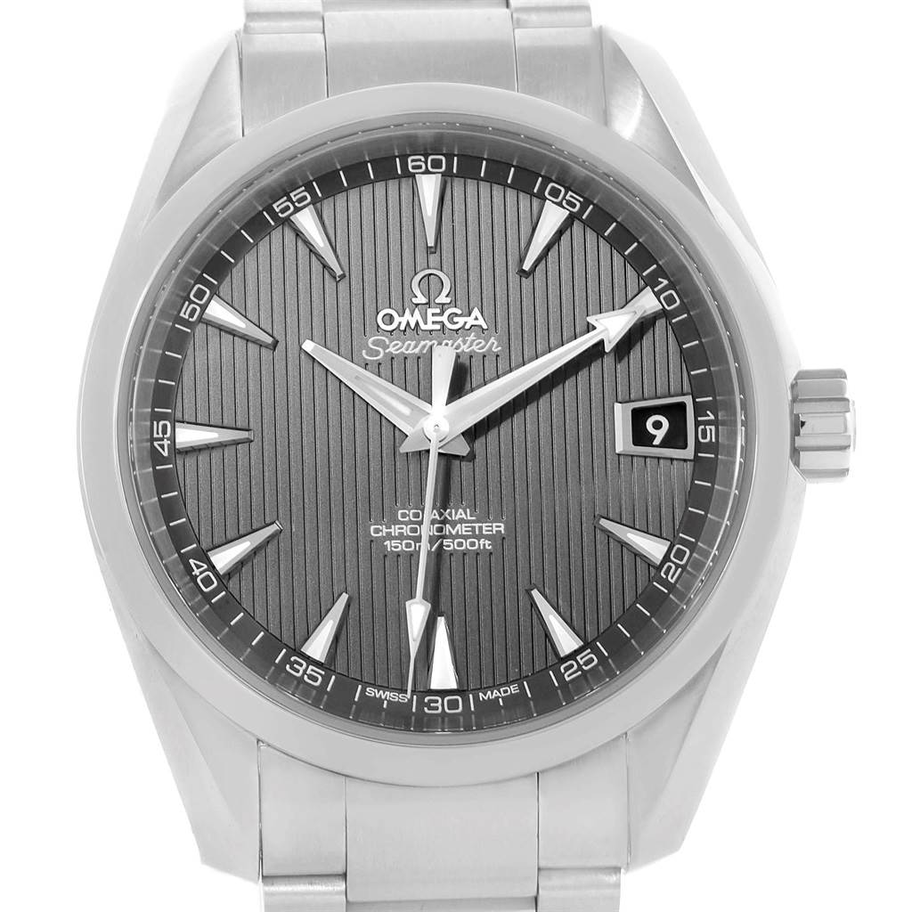 This image shows a front view of the Omega Seamaster Aqua Terra watch, highlighting the dial, hands, hour markers, and date window.