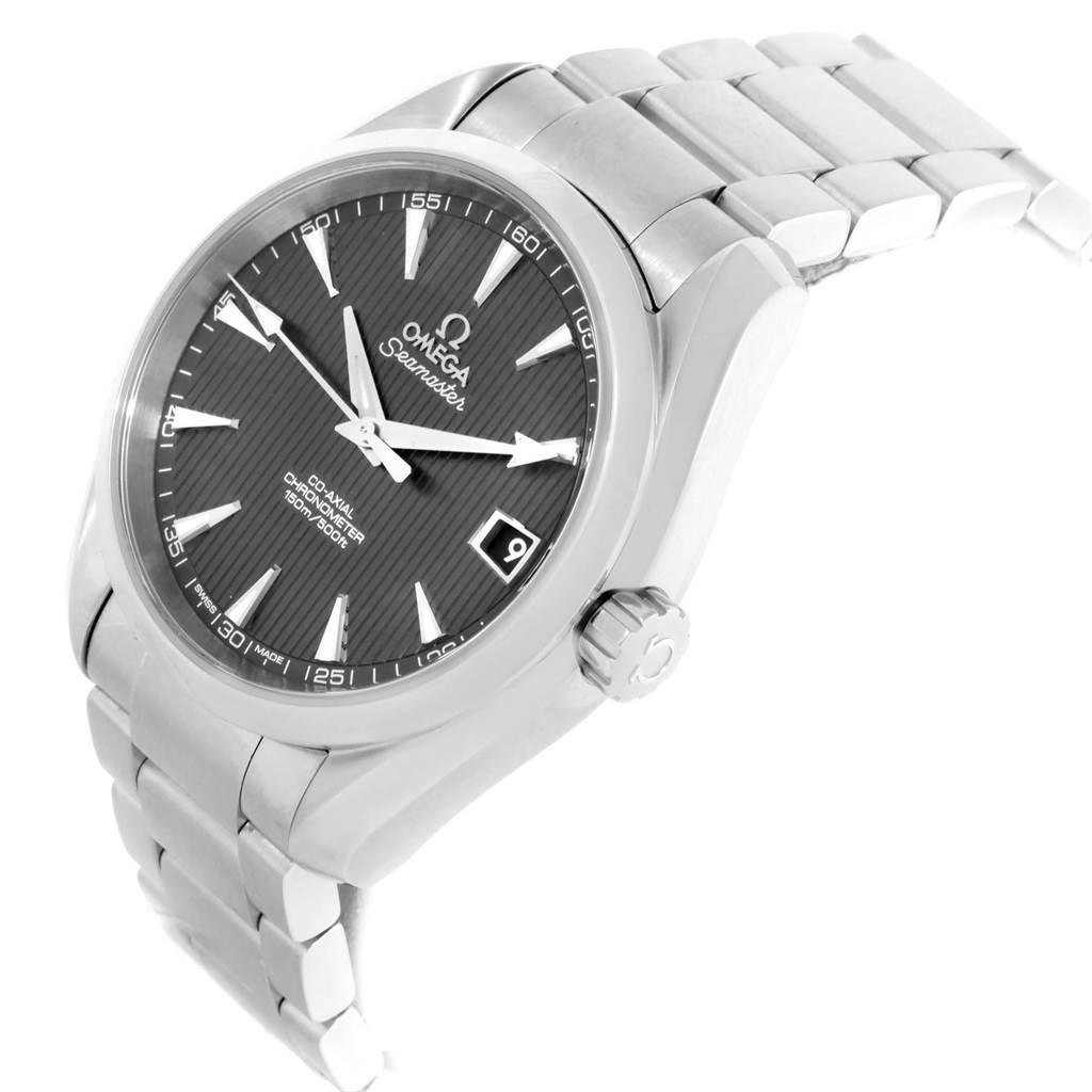 The image shows an Omega Aqua Terra 231.10.39.21.06.001 Men's Stainless Steel Grey Dial 231.10.39.21.06.001 Men's Stainless Steel Grey Dial watch from a front angle, highlighting its dial, bezel, crown, and bracelet.