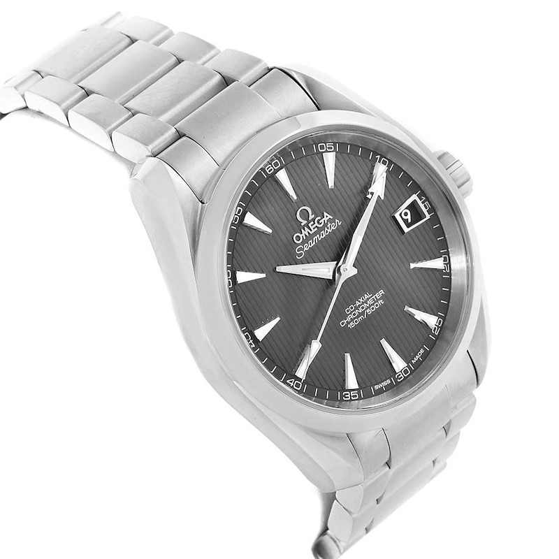 The image shows an Omega Aqua Terra watch at a side angle, highlighting the face, crown, and stainless steel bracelet.