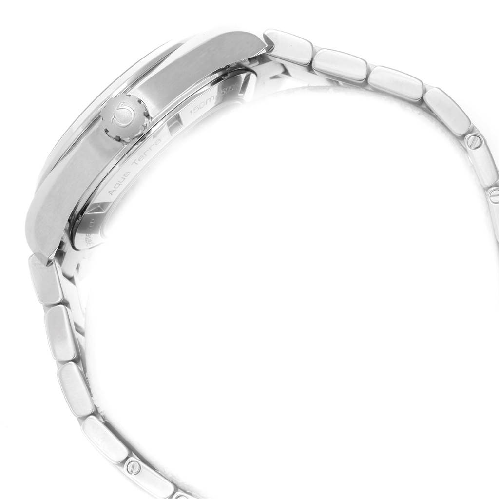 The image shows a side profile of an Omega Aqua Terra 231.10.39.21.06.001 Men's Stainless Steel Grey Dial 231.10.39.21.06.001 Men's Stainless Steel Grey Dial watch, highlighting its crown and metal bracelet.