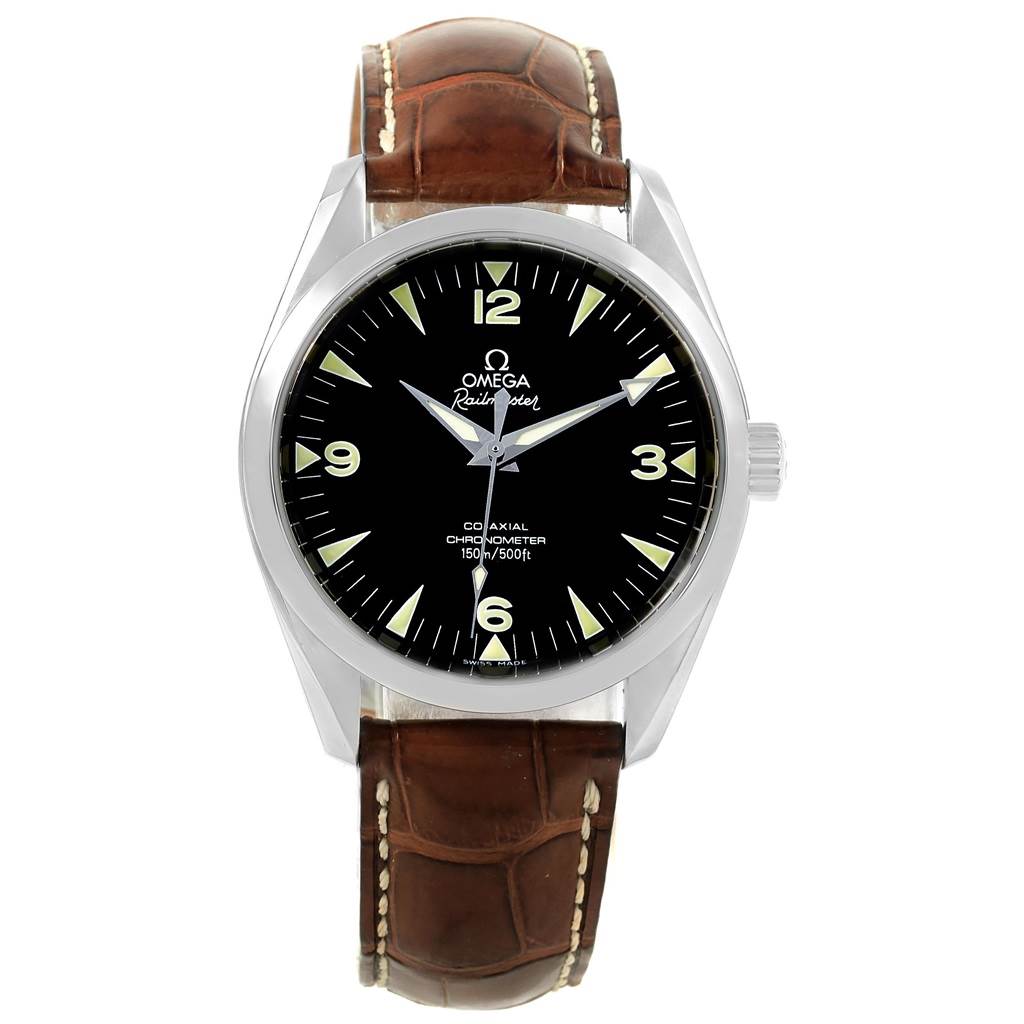 The image shows a front view of the Omega Aqua Terra 2803.52.37 Men's Stainless Steel Black Dial 2803.52.37 Men's Stainless Steel Black Dial watch, highlighting its black dial and brown leather strap.