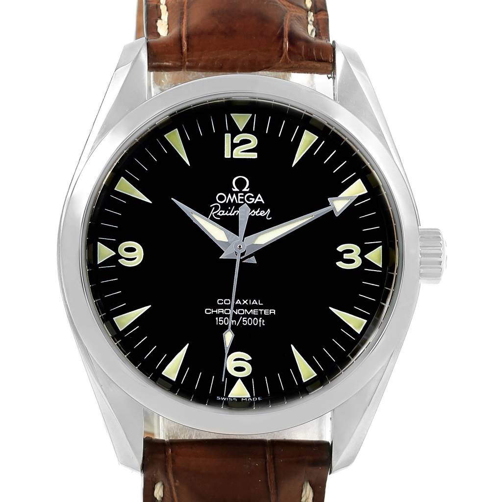 The image shows a front view of the Omega Aqua Terra 2803.52.37 Men's Stainless Steel Black Dial 2803.52.37 Men's Stainless Steel Black Dial watch, displaying its black dial, brown leather strap, and markings.
