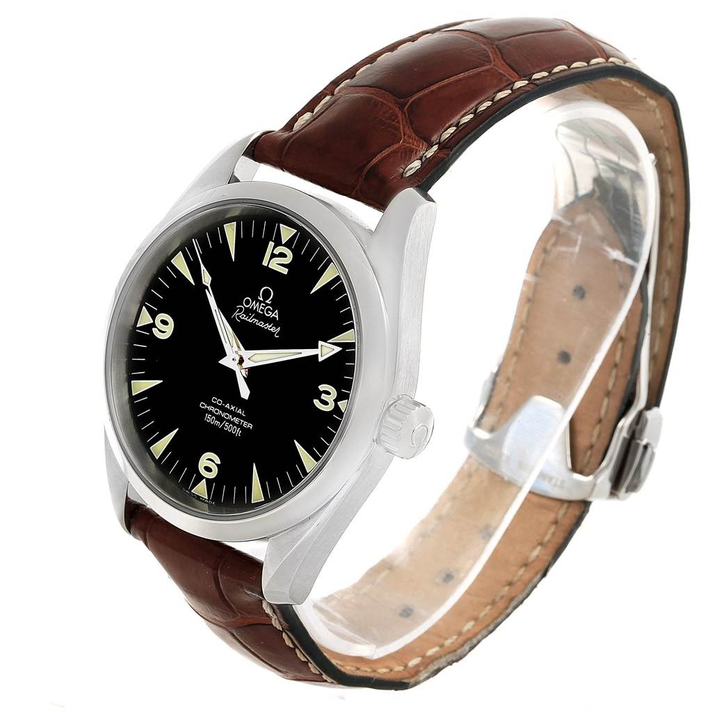 The image shows an Omega Aqua Terra 2803.52.37 Men's Stainless Steel Black Dial 2803.52.37 Men's Stainless Steel Black Dial watch from a three-quarter angle, highlighting the dial, bezel, and brown leather strap.