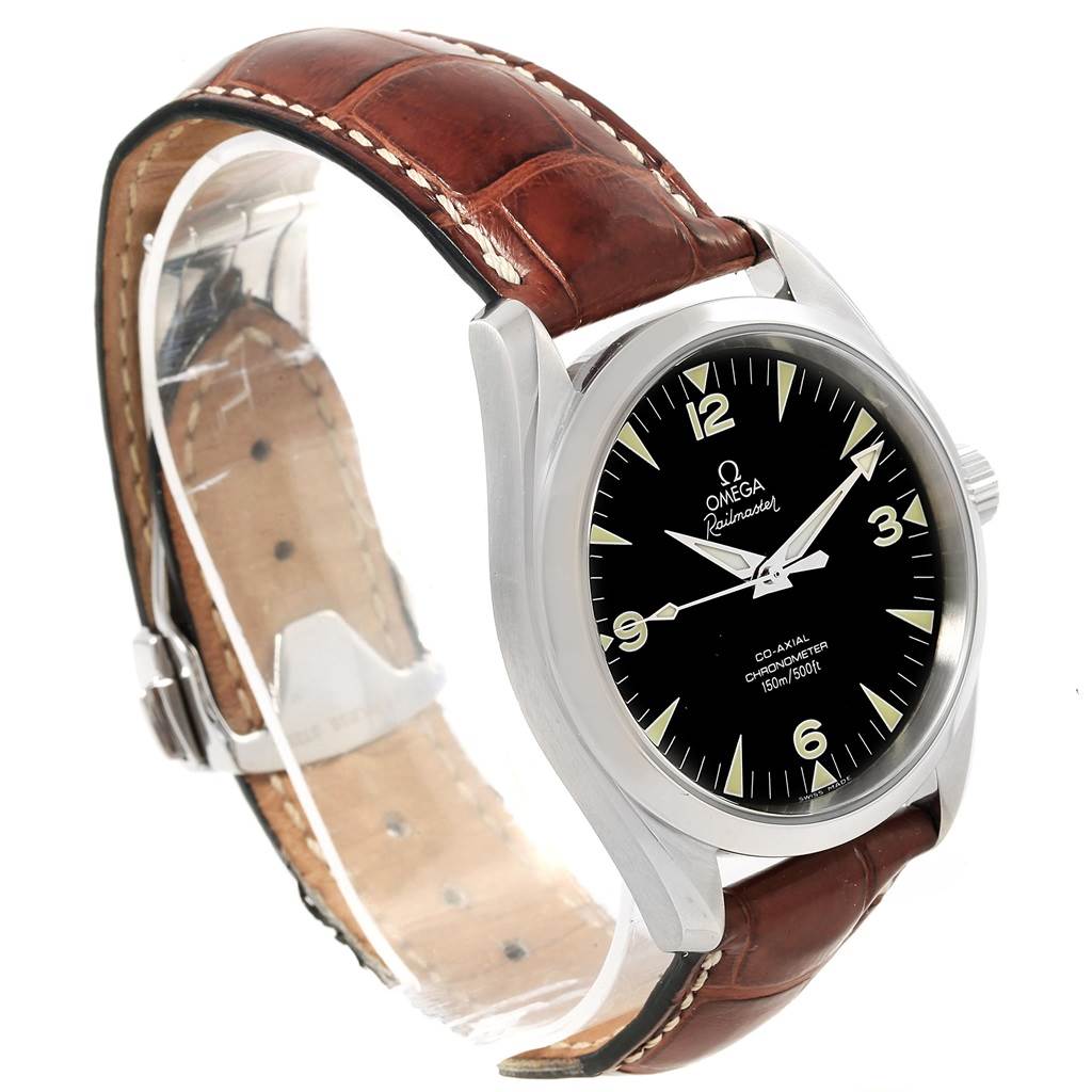 The image shows an Omega Aqua Terra 2803.52.37 Men's Stainless Steel Black Dial 2803.52.37 Men's Stainless Steel Black Dial watch at a three-quarter angle, highlighting its black dial, brown leather strap, and stainless steel case.