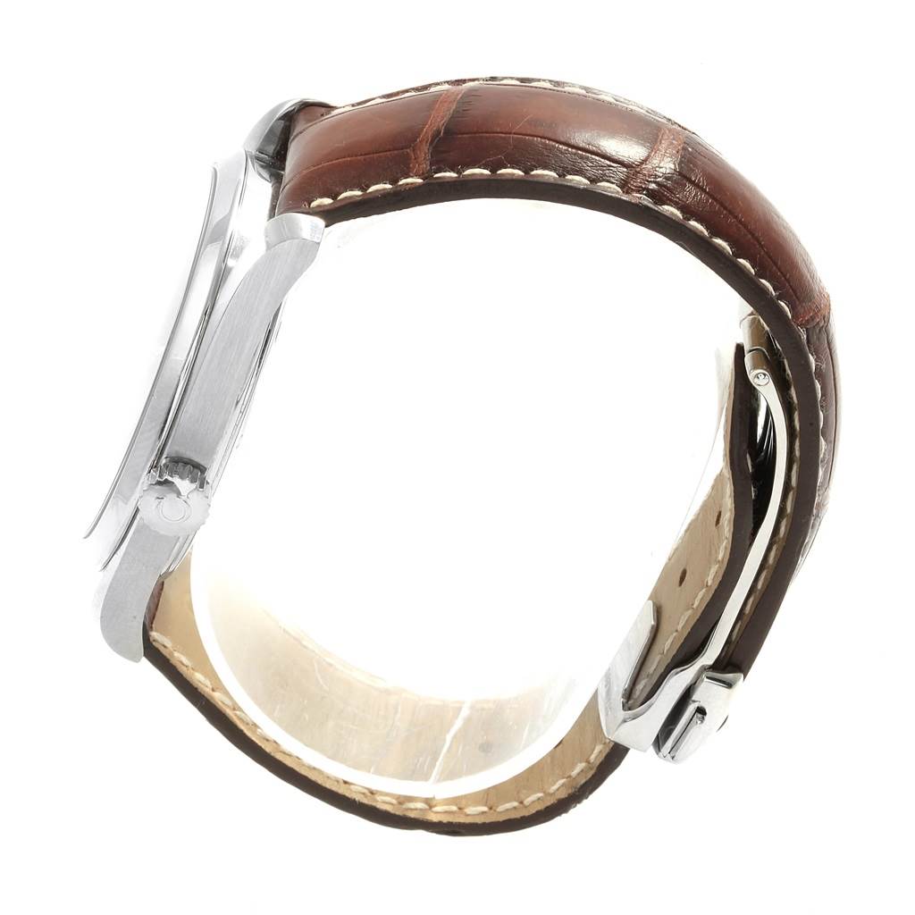 Side view of the Omega Aqua Terra 2803.52.37 Men's Stainless Steel Black Dial 2803.52.37 Men's Stainless Steel Black Dial watch, showing the case, crown, and brown leather strap with clasp.