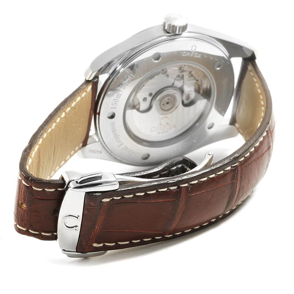 The image shows the backside and clasp of an Omega Aqua Terra 2803.52.37 Men's Stainless Steel Black Dial 2803.52.37 Men's Stainless Steel Black Dial watch, highlighting its movement and leather strap.