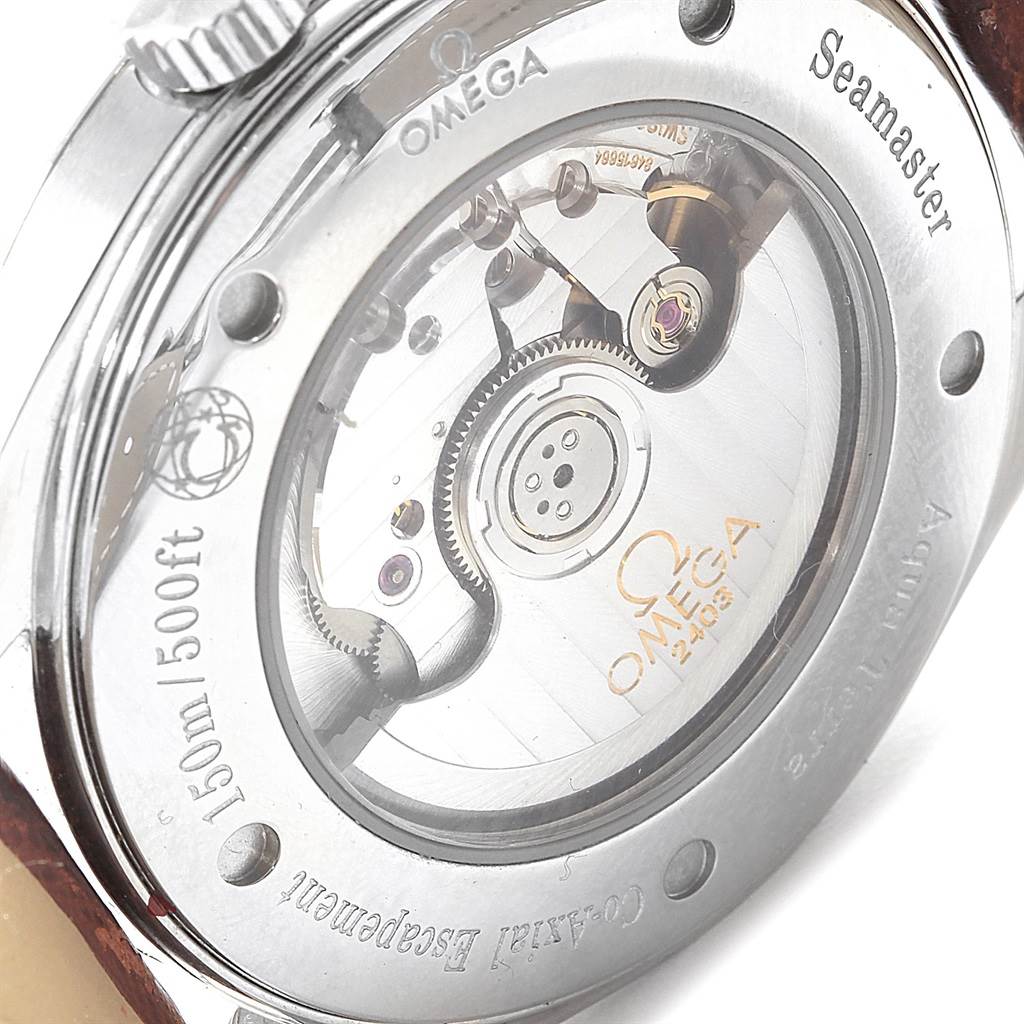 The image shows the back of the Omega Aqua Terra 2803.52.37 Men's Stainless Steel Black Dial 2803.52.37 Men's Stainless Steel Black Dial watch, revealing its internal mechanism.