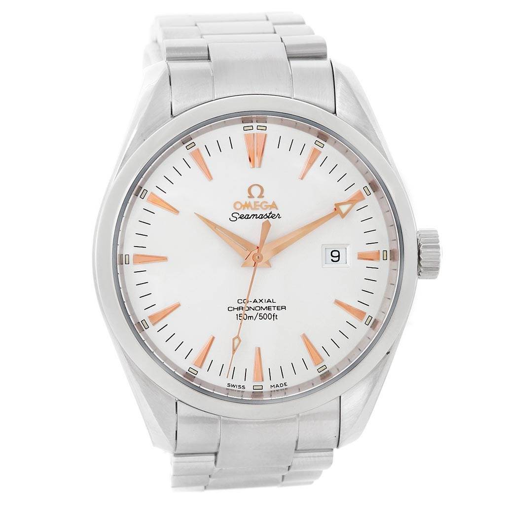 The Omega Aqua Terra 2503.34.00 Men
s Stainless Steel Silver Dial 2503.34.00 Men
s Stainless Steel Silver Dial watch is shown from a front angle, highlighting the dial, hands, date window, and part of the metallic bracelet.