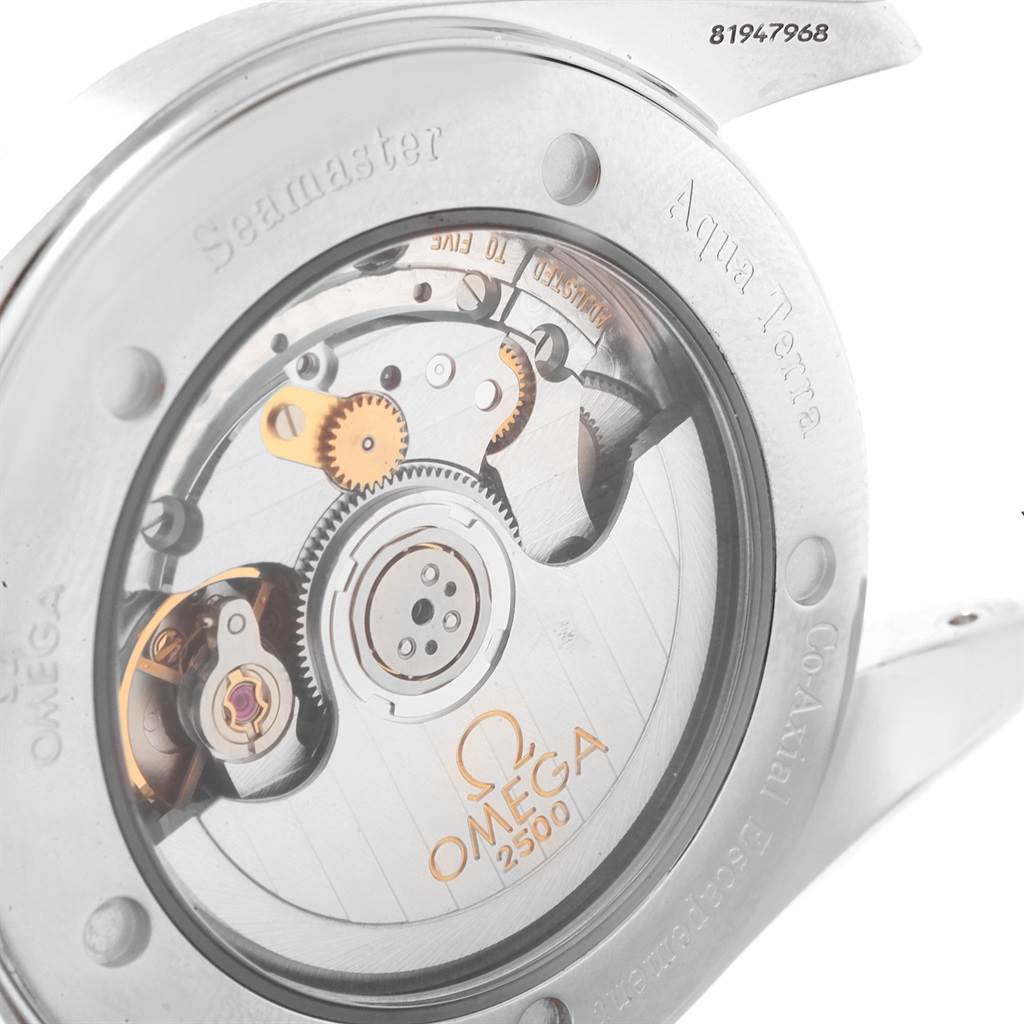 This image shows the case back and movement of the Omega Aqua Terra 2503.34.00 Men
s Stainless Steel Silver Dial 2503.34.00 Men
s Stainless Steel Silver Dial Seamaster watch, emphasizing its internal mechanics.