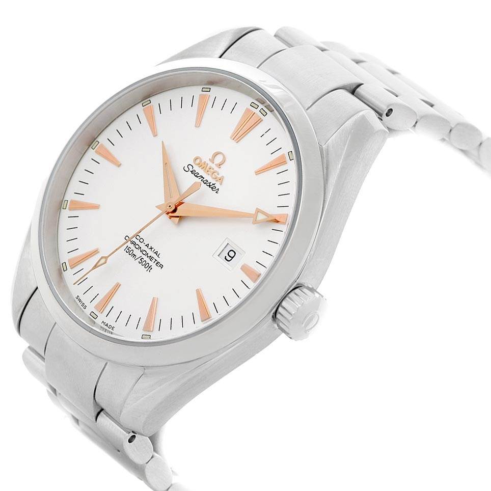 The image shows an angled view of an Omega Aqua Terra 2503.34.00 Men
s Stainless Steel Silver Dial 2503.34.00 Men
s Stainless Steel Silver Dial watch, featuring its dial, hands, date window, crown, and part of the bracelet.