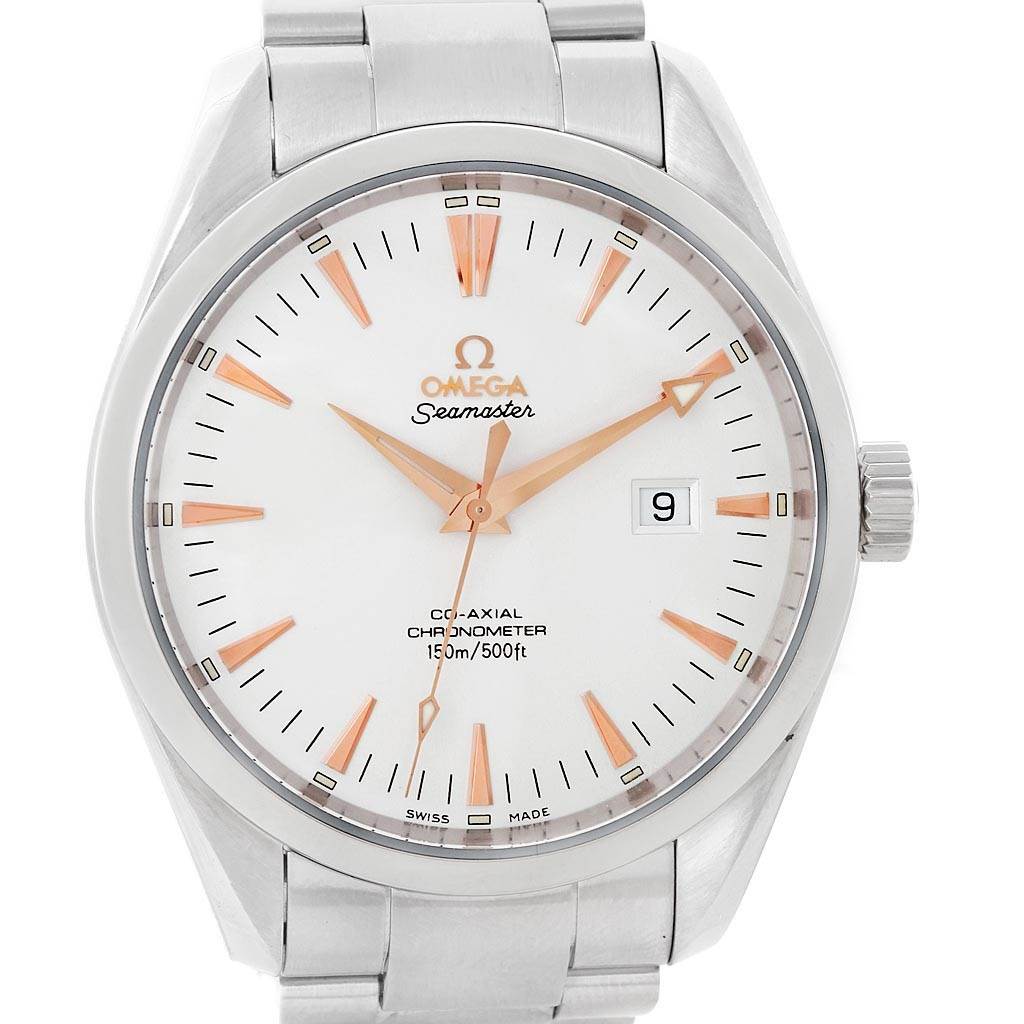 The image shows a front view of the Omega Aqua Terra 2503.34.00 Men
s Stainless Steel Silver Dial 2503.34.00 Men
s Stainless Steel Silver Dial Seamaster watch, highlighting its dial, hands, and bracelet.
