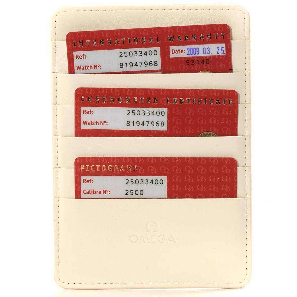 The image shows Omega Aqua Terra 2503.34.00 Men
s Stainless Steel Silver Dial 2503.34.00 Men
s Stainless Steel Silver Dial model warranty cards, chronometer certificate, and pictograms in a cardholder.