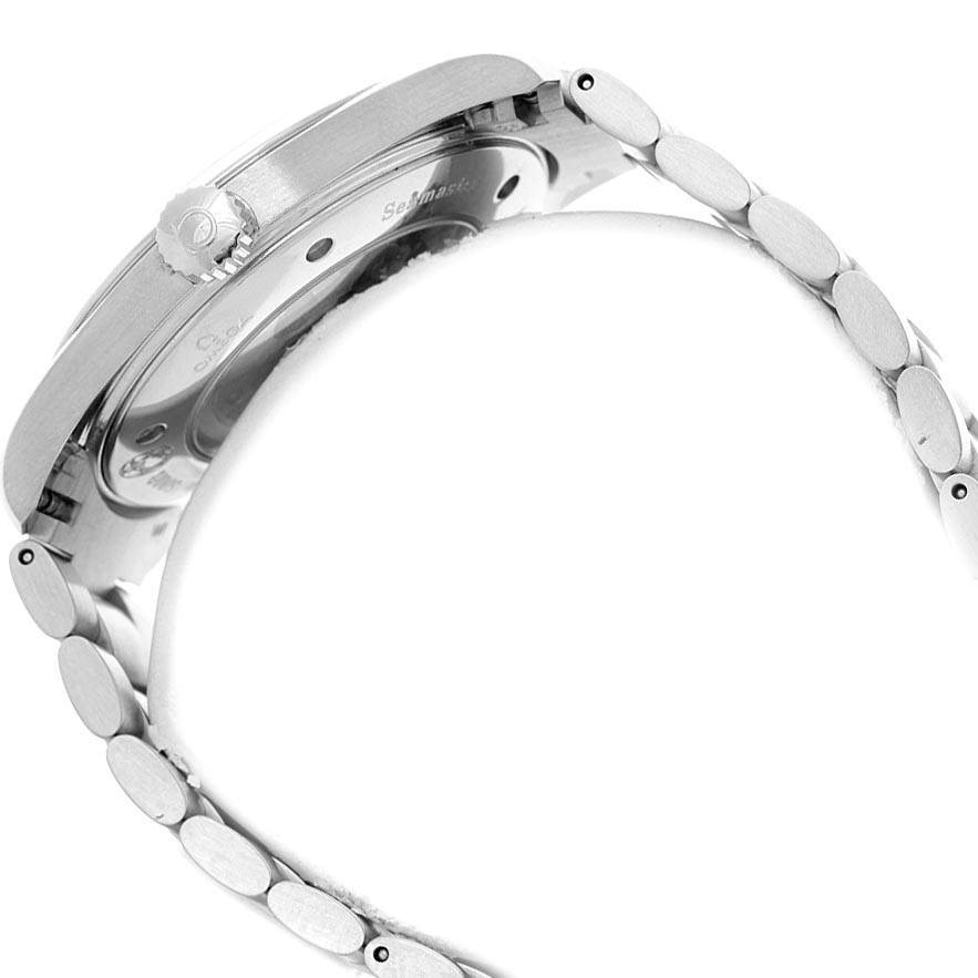 The image shows a side view of the Omega Aqua Terra 2503.34.00 Men
s Stainless Steel Silver Dial 2503.34.00 Men
s Stainless Steel Silver Dial watch, highlighting its case back, crown, and bracelet.