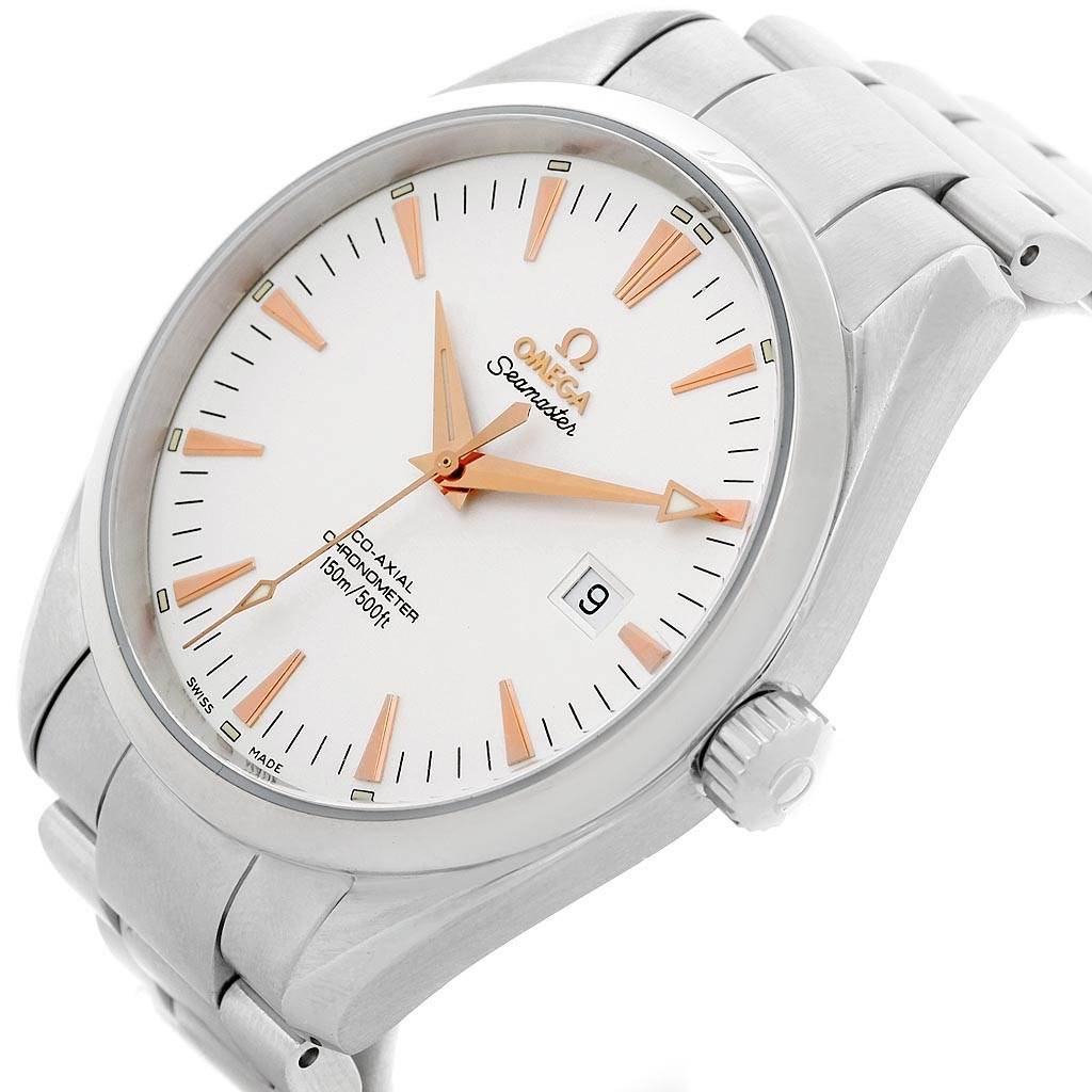 The Omega Aqua Terra 2503.34.00 Men
s Stainless Steel Silver Dial 2503.34.00 Men
s Stainless Steel Silver Dial watch is shown at an angled view, displaying its dial, hands, date window, crown, and stainless steel bracelet.