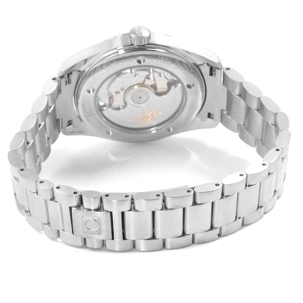 The image shows the back and metal bracelet of an Omega Aqua Terra 2503.34.00 Men
s Stainless Steel Silver Dial 2503.34.00 Men
s Stainless Steel Silver Dial watch, highlighting the transparent case back and clasp.