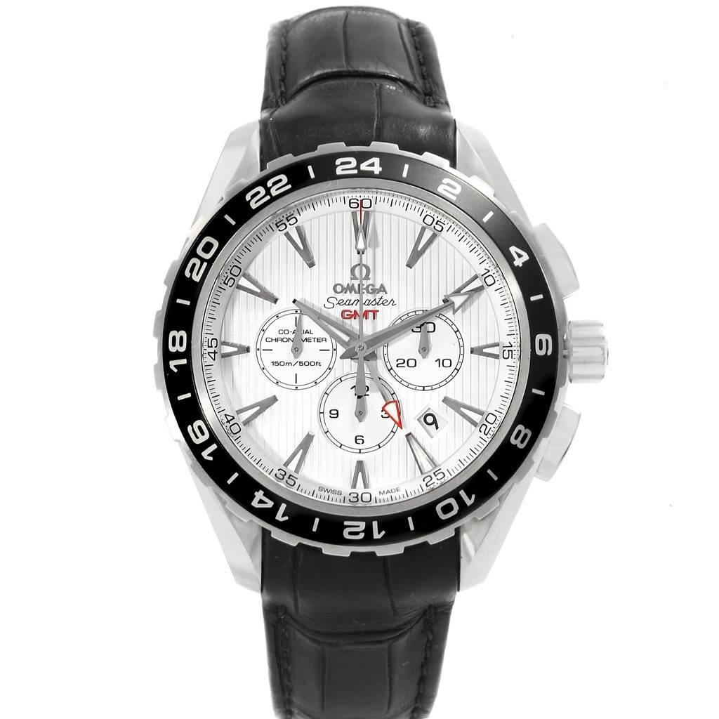 The image shows a front view of an Omega Aqua Terra 231.13.44.52.04.001 Men's Stainless Steel White Dial 231.13.44.52.04.001 Men's Stainless Steel White Dial model watch with a black leather strap and a white dial featuring three subdials.