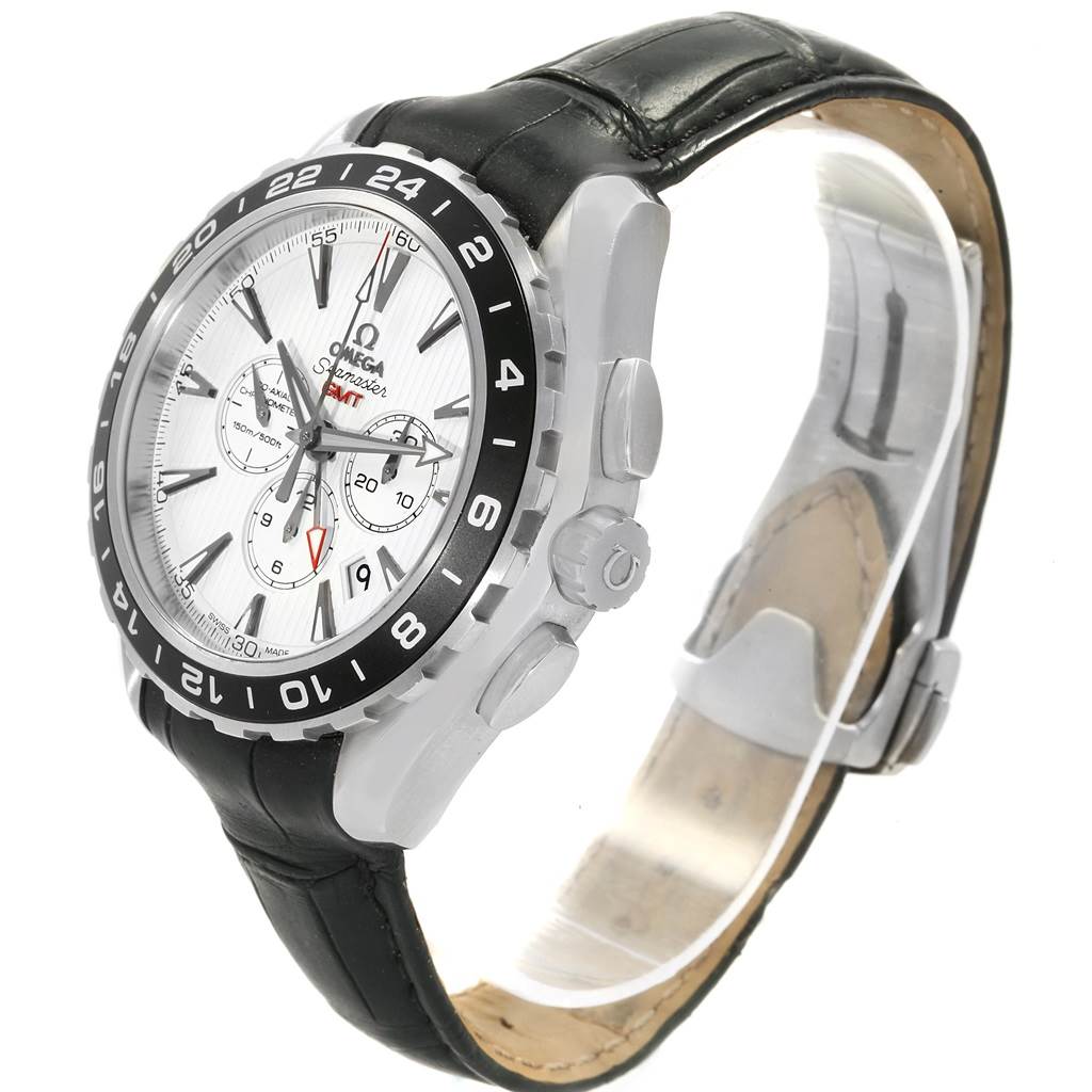 The image shows a side-angle view of an Omega Aqua Terra 231.13.44.52.04.001 Men's Stainless Steel White Dial 231.13.44.52.04.001 Men's Stainless Steel White Dial watch, highlighting its face, bezel, crown, and leather strap.