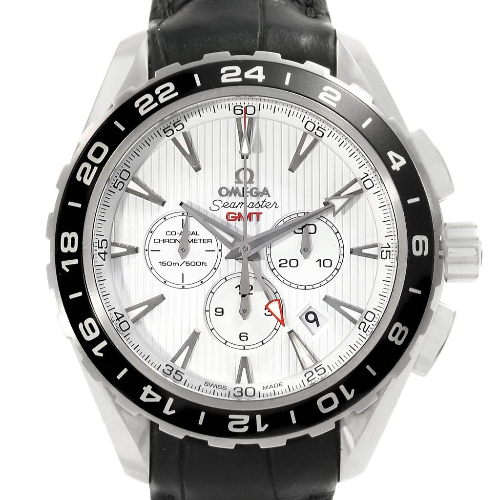 The image shows a front view of an Omega Seamaster Aqua Terra watch, highlighting its dial, minute markers, and bezel.