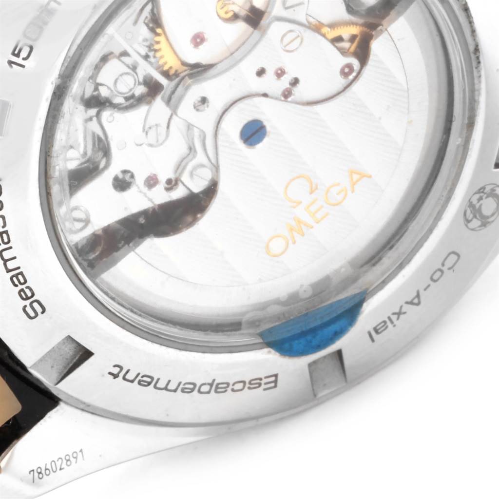 The image shows the back of an Omega Aqua Terra 231.13.44.52.04.001 Men's Stainless Steel White Dial 231.13.44.52.04.001 Men's Stainless Steel White Dial watch, focusing on the visible movement and branding.