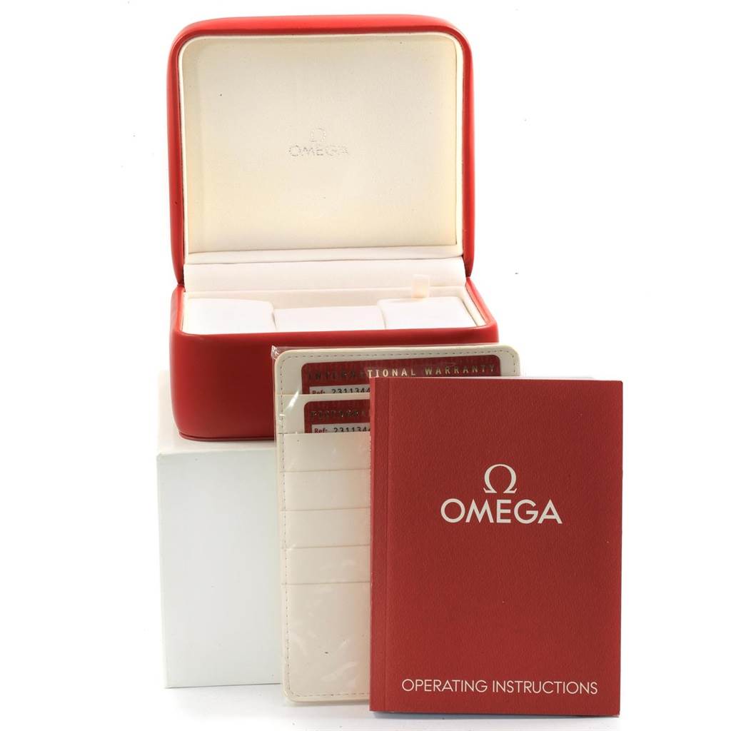 This image shows the packaging, manual, and warranty cards for the Omega Aqua Terra 231.13.44.52.04.001 Men's Stainless Steel White Dial 231.13.44.52.04.001 Men's Stainless Steel White Dial watch model.