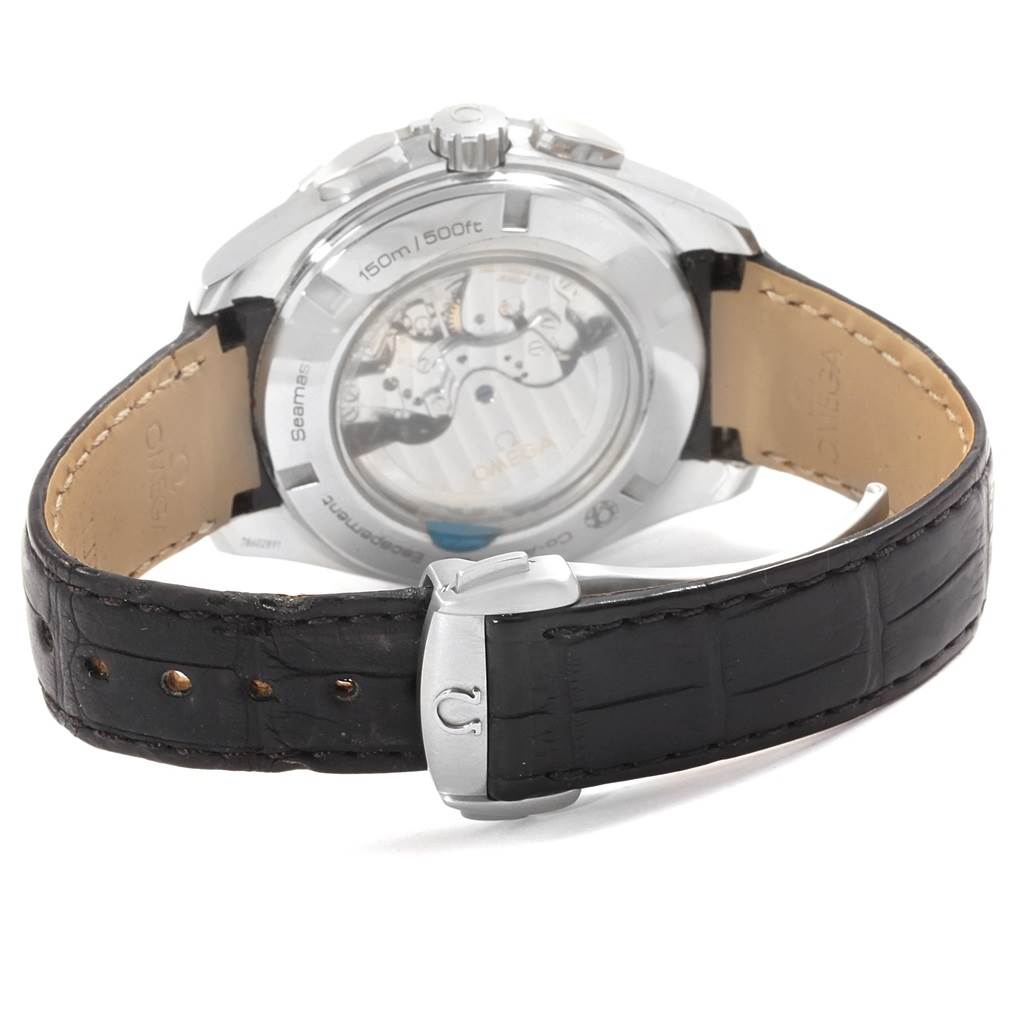 The image shows the back view of the Omega Aqua Terra 231.13.44.52.04.001 Men's Stainless Steel White Dial 231.13.44.52.04.001 Men's Stainless Steel White Dial watch, highlighting its transparent case back and leather strap.