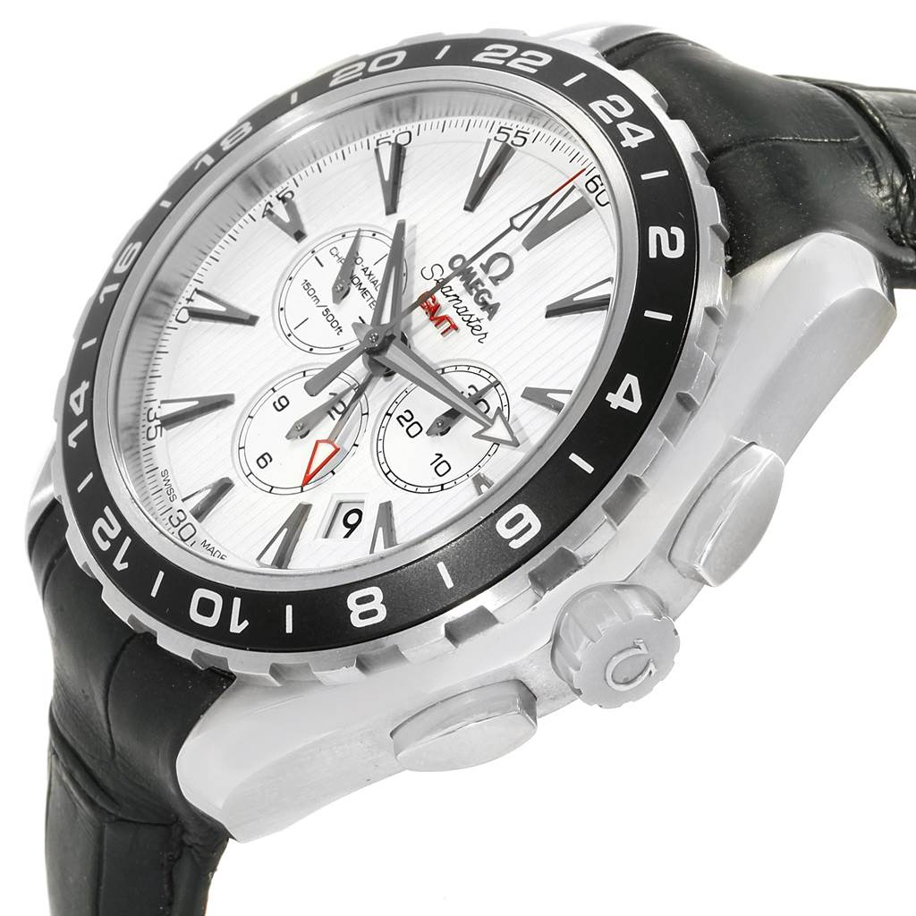 This image shows a side-angle view of the Omega Aqua Terra 231.13.44.52.04.001 Men's Stainless Steel White Dial 231.13.44.52.04.001 Men's Stainless Steel White Dial watch featuring its face, bezel, crown, pushers, and leather strap.