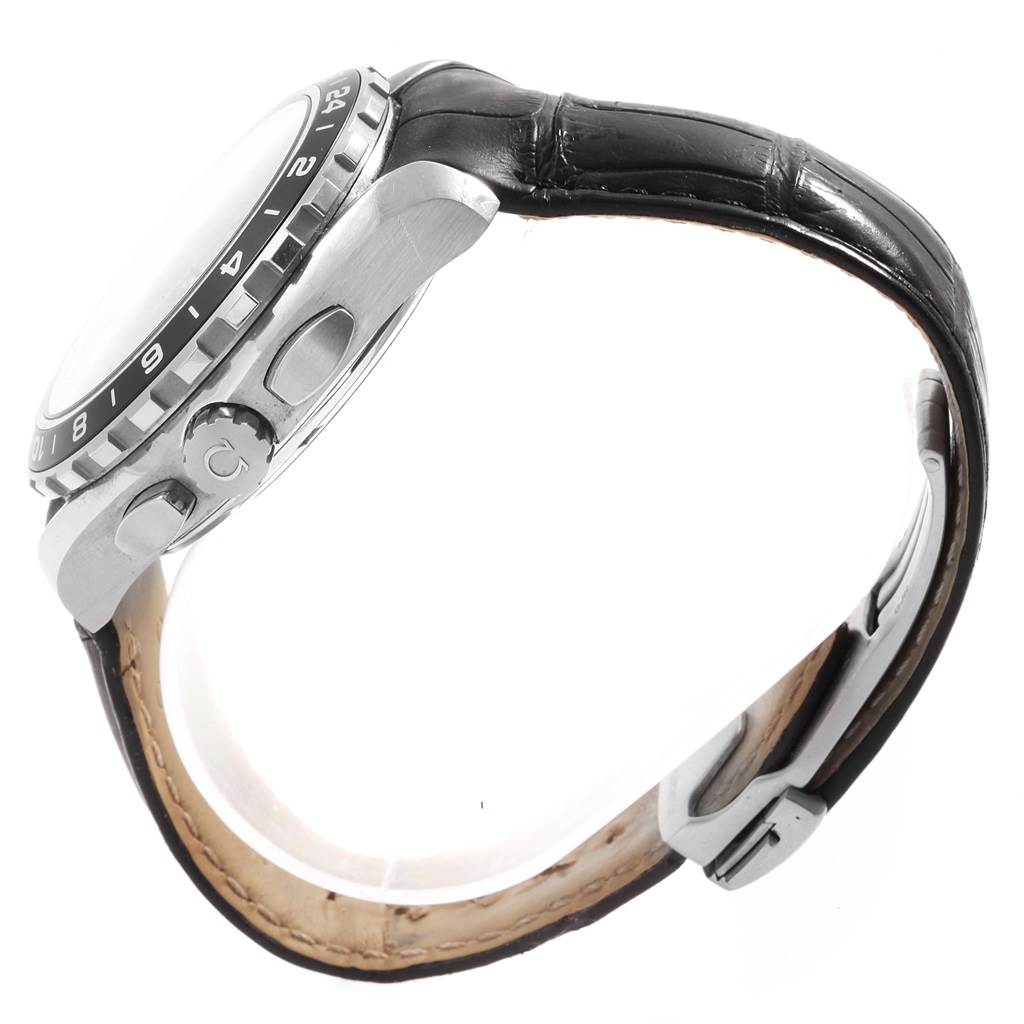 The image shows a side view of the Omega Aqua Terra 231.13.44.52.04.001 Men's Stainless Steel White Dial 231.13.44.52.04.001 Men's Stainless Steel White Dial watch, highlighting the bezel, crown, pushers, and leather strap.