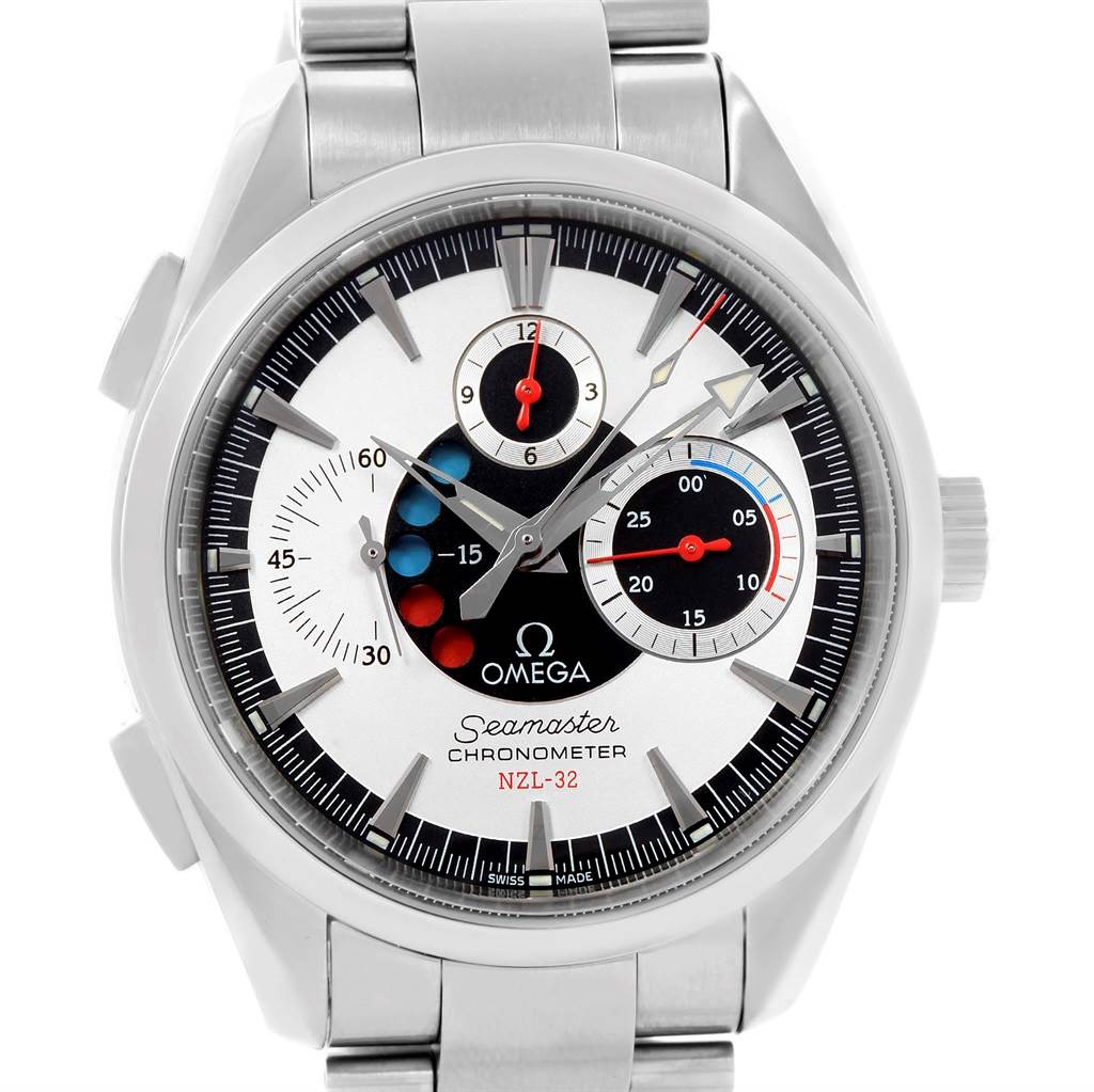 The Omega Aqua Terra 2513.30.00 Men
s Stainless Steel Silver Dial 2513.30.00 Men
s Stainless Steel Silver Dial watch is shown from a frontal angle, displaying its face, hands, subdials, and part of the metal bracelet.