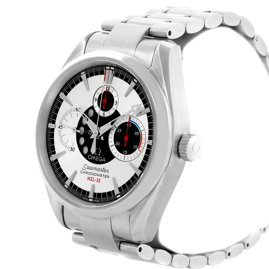 The image shows a frontal view of the Omega Seamaster Aqua Terra watch, highlighting the dial, bezel, and part of the bracelet.