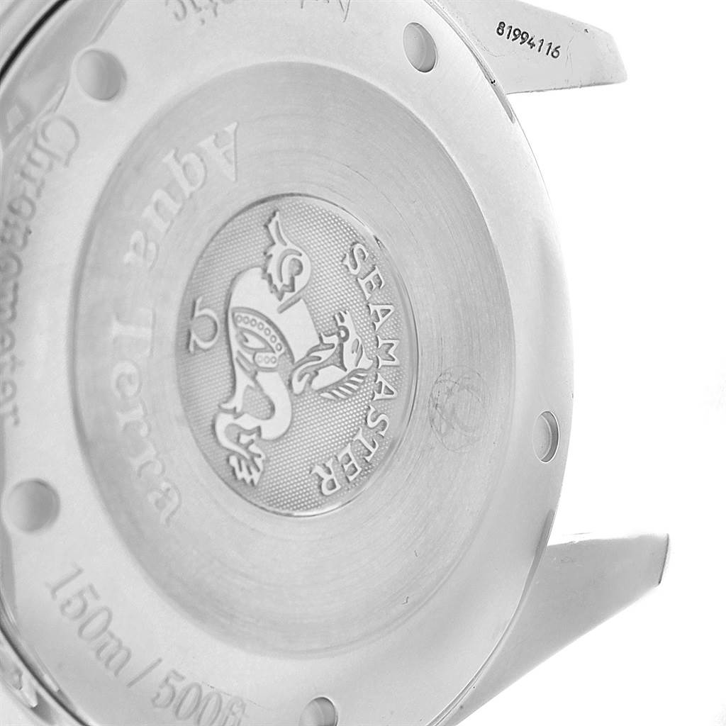 The image shows the back case of an Omega Aqua Terra 2513.30.00 Men
s Stainless Steel Silver Dial 2513.30.00 Men
s Stainless Steel Silver Dial Seamaster watch, displaying the logo and water resistance details.