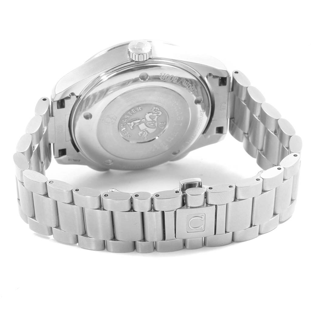 The image shows the back case and stainless steel bracelet of the Omega Aqua Terra 2513.30.00 Men
s Stainless Steel Silver Dial 2513.30.00 Men
s Stainless Steel Silver Dial watch from a rear angle.