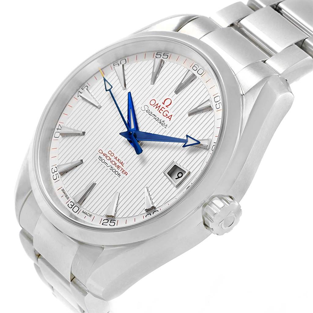 This is an Omega Aqua Terra 231.10.42.21.02.002 Men
s Stainless Steel Silver Dial 231.10.42.21.02.002 Men
s Stainless Steel Silver Dial watch viewed at an angle showing the dial, hands, crown, and part of the bracelet.
