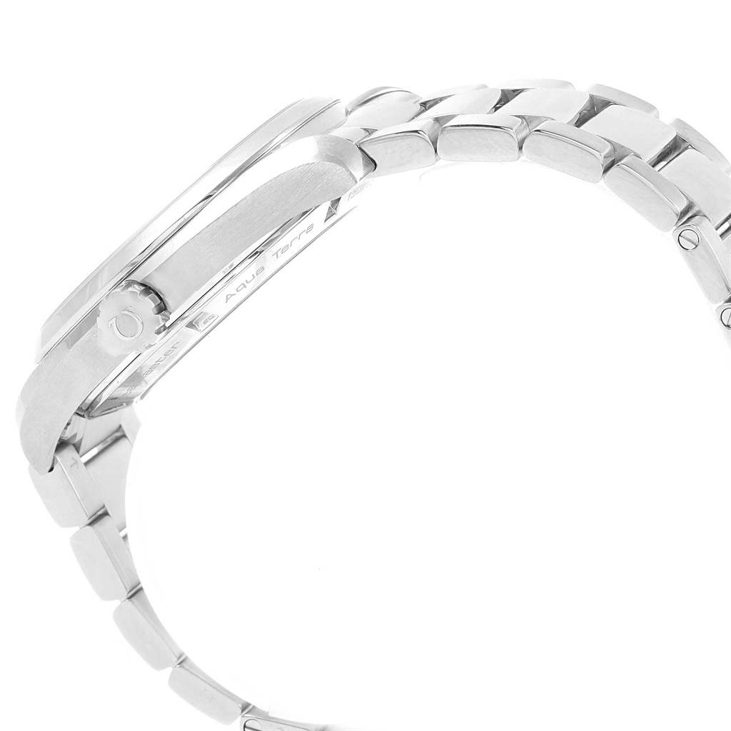This image shows a side view of the Omega Aqua Terra 231.10.42.21.02.002 Men
s Stainless Steel Silver Dial 231.10.42.21.02.002 Men
s Stainless Steel Silver Dial watch, focusing on the case, crown, and part of the bracelet.