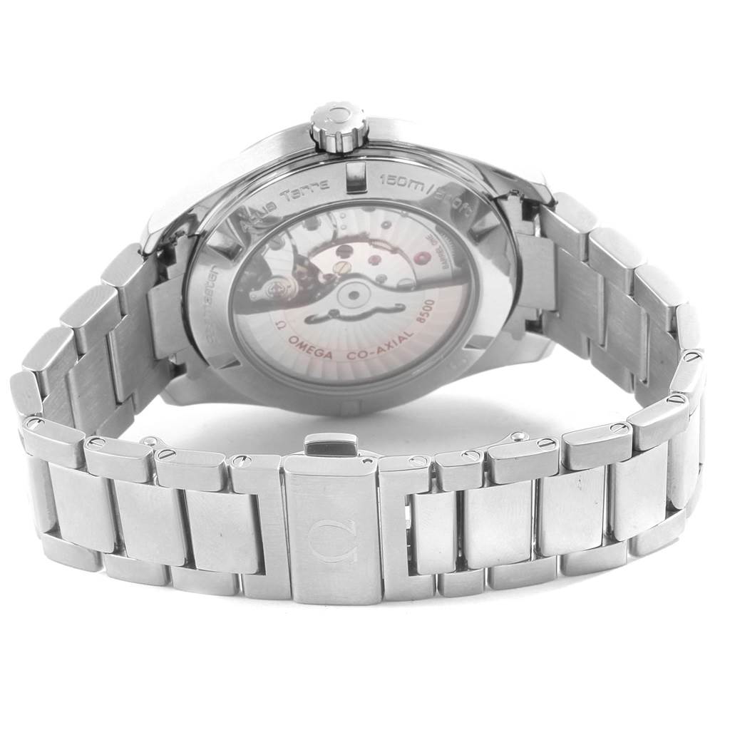 This image shows the back view of the Omega Aqua Terra 231.10.42.21.02.002 Men
s Stainless Steel Silver Dial 231.10.42.21.02.002 Men
s Stainless Steel Silver Dial watch, highlighting its open case back and stainless steel bracelet.