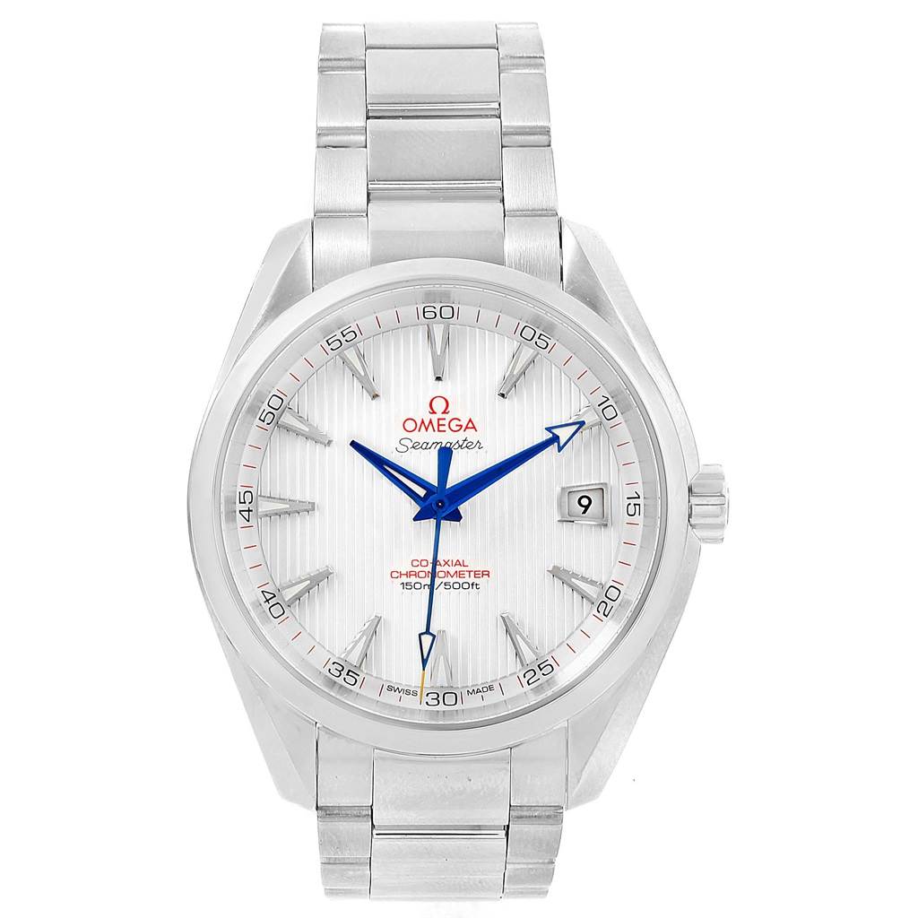 The image shows a front view of the Omega Aqua Terra 231.10.42.21.02.002 Men
s Stainless Steel Silver Dial 231.10.42.21.02.002 Men
s Stainless Steel Silver Dial Seamaster watch, including the dial, hands, bracelet, and crown.