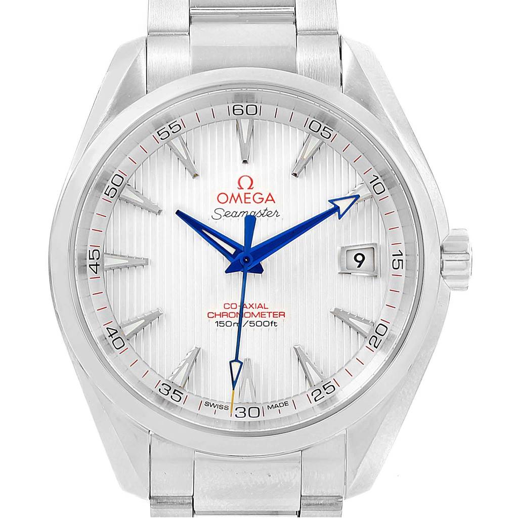 This is a close-up view of the Omega Seamaster Aqua Terra, showing the face, hands, date window, and part of the bracelet.