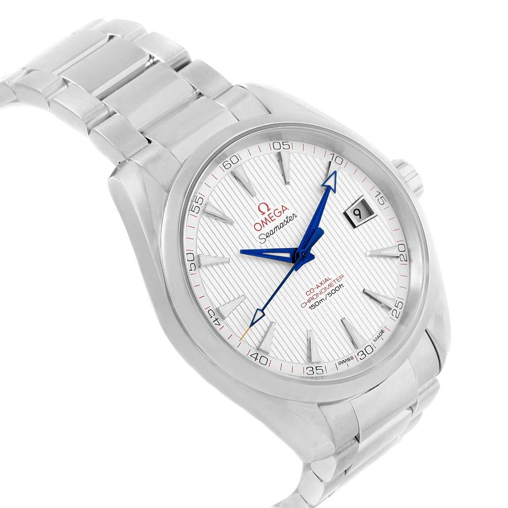 The image shows a tilted angle view of the Omega Aqua Terra 231.10.42.21.02.002 Men
s Stainless Steel Silver Dial 231.10.42.21.02.002 Men
s Stainless Steel Silver Dial watch, highlighting the dial, bracelet, bezel, and crown.