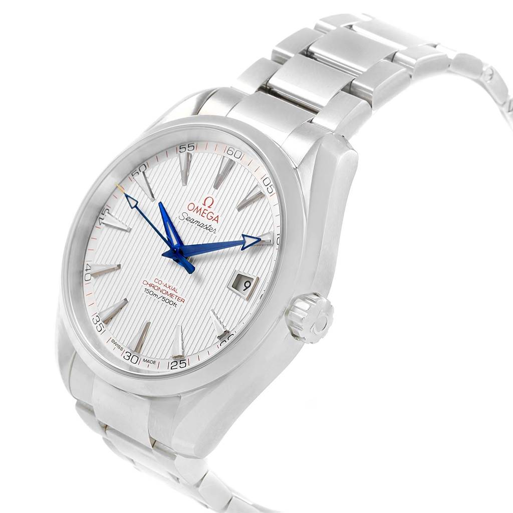 The image shows a side-angled view of the Omega Aqua Terra 231.10.42.21.02.002 Men
s Stainless Steel Silver Dial 231.10.42.21.02.002 Men
s Stainless Steel Silver Dial watch, highlighting its white dial, blue hands, and metal bracelet.