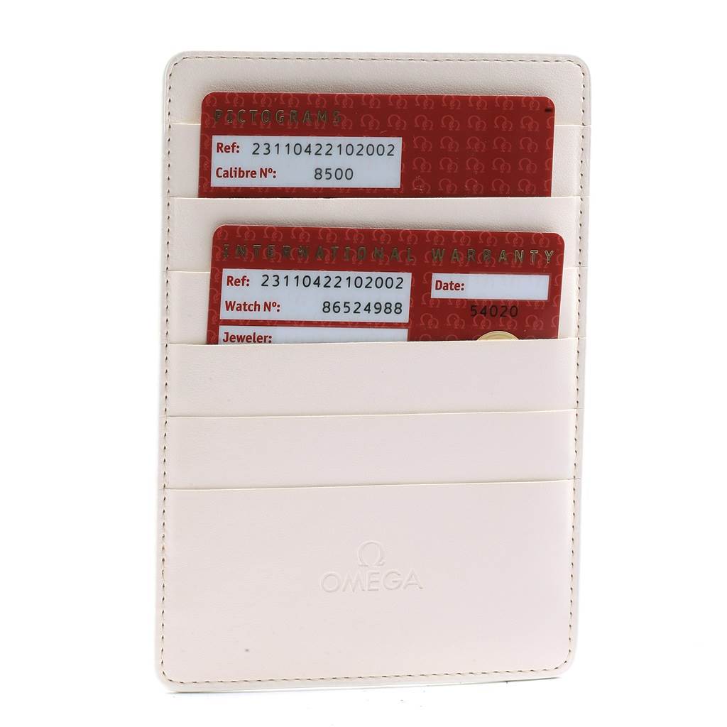 The image shows warranty and pictogram cards in a leather holder for the Omega Aqua Terra 231.10.42.21.02.002 Men
s Stainless Steel Silver Dial 231.10.42.21.02.002 Men
s Stainless Steel Silver Dial model.