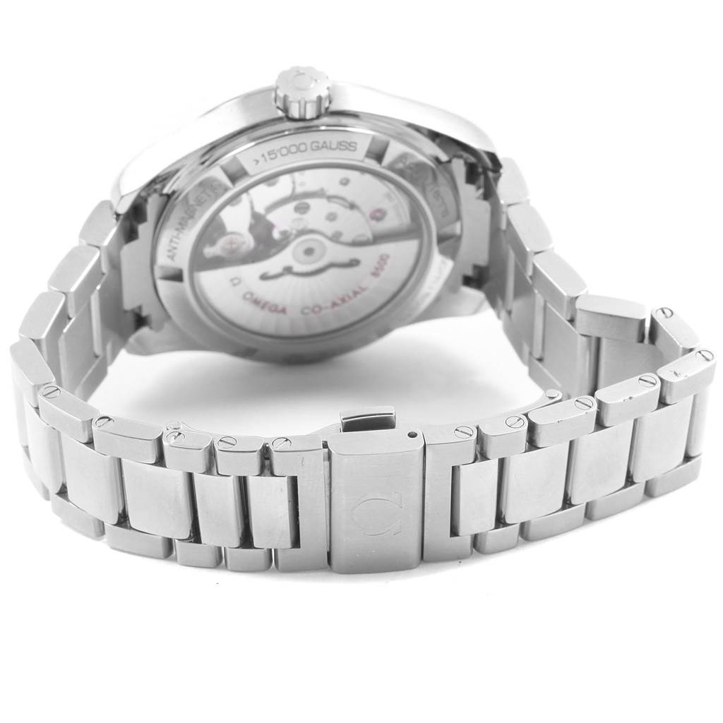 This image shows the back side of the Omega Aqua Terra 231.10.39.21.03.002 Men's Stainless Steel Blue Dial 231.10.39.21.03.002 Men's Stainless Steel Blue Dial watch with its open caseback and metal bracelet.