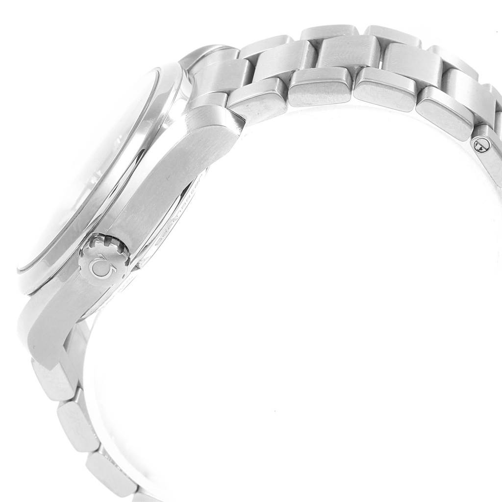 This image shows a side view of the Omega Aqua Terra 231.10.39.21.03.002 Men's Stainless Steel Blue Dial 231.10.39.21.03.002 Men's Stainless Steel Blue Dial watch, highlighting the crown and stainless steel bracelet.