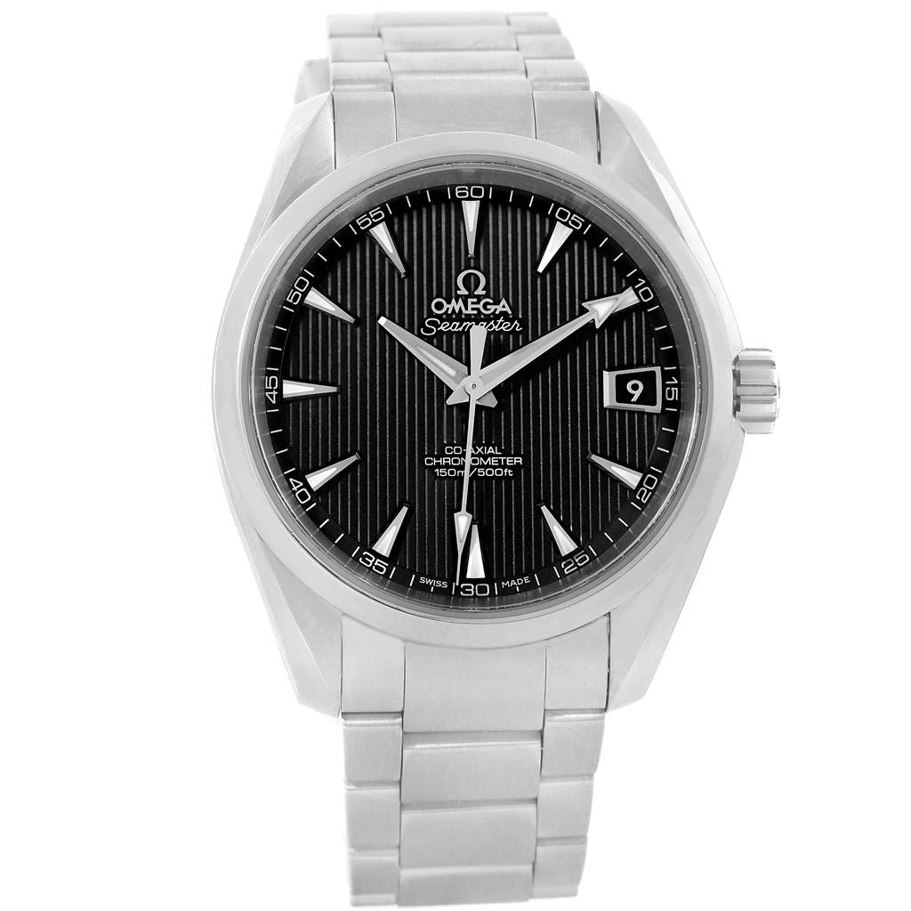 The image shows a full frontal view of the Omega Aqua Terra 231.10.39.21.01.001 Men's Stainless Steel Black Dial 231.10.39.21.01.001 Men's Stainless Steel Black Dial watch, displaying its face, hands, and metal bracelet.