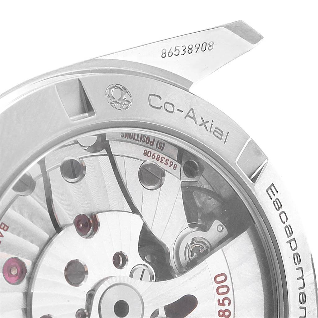 This is a close-up view of the Omega Aqua Terra 231.10.39.21.01.001 Men's Stainless Steel Black Dial 231.10.39.21.01.001 Men's Stainless Steel Black Dial's Co-Axial escapement and movement mechanism.