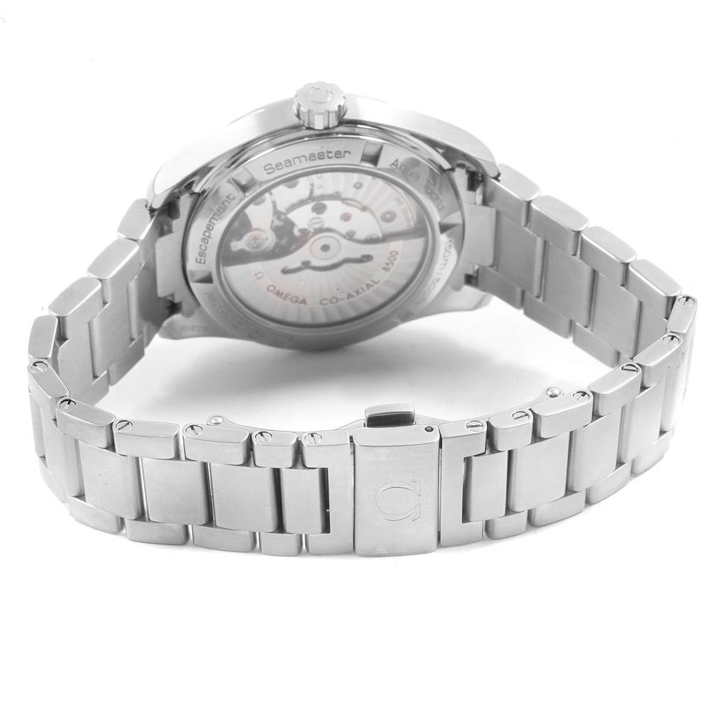 This image shows the back view of an Omega Aqua Terra 231.10.39.21.01.001 Men's Stainless Steel Black Dial 231.10.39.21.01.001 Men's Stainless Steel Black Dial watch, highlighting its stainless steel bracelet and exposed movement.